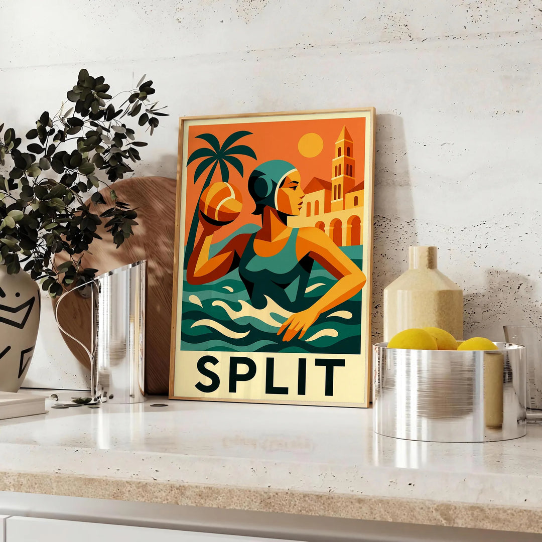 Pôster de desporto de polo aquático Split, disponível em várias dimensões, com cores vibrantes em verde e vermelho, ideal par