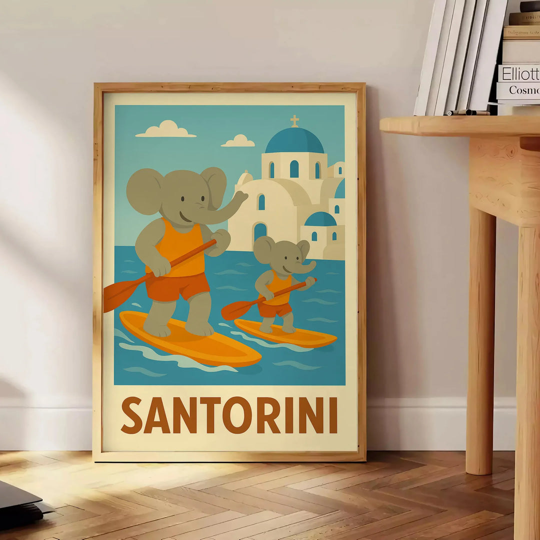 space enchanting Kid Elephant Paddle Santorini poster stunning blue orange hues children rooms playful spaces vibrant artwork imagination joy touch whimsy home sizes A4 cm A0