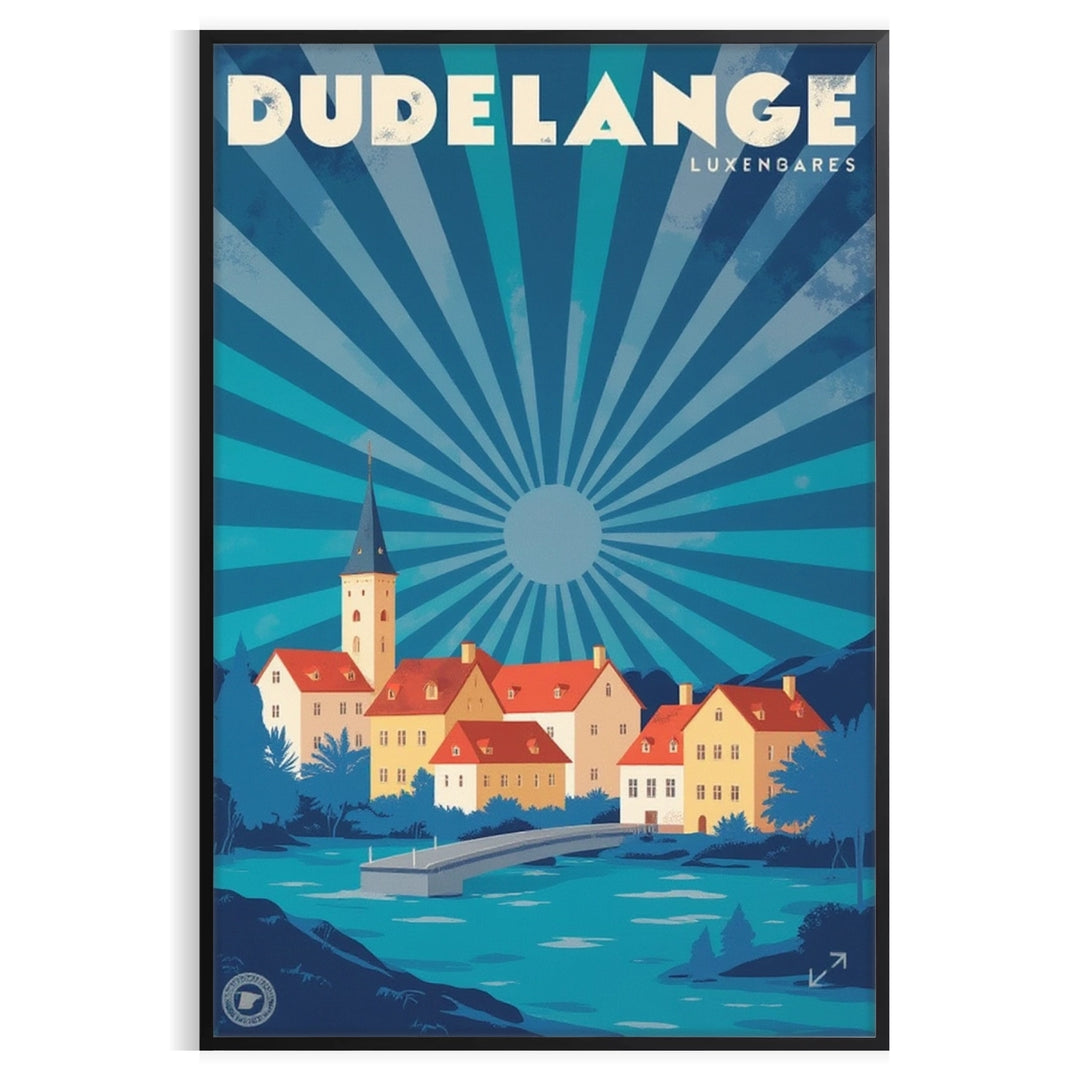 charm Dudelange Luxembourg exquisite vintage Art Déco poster rich brown blue hues lover collector stunning piece décor elegance space sizes A4 cm A0