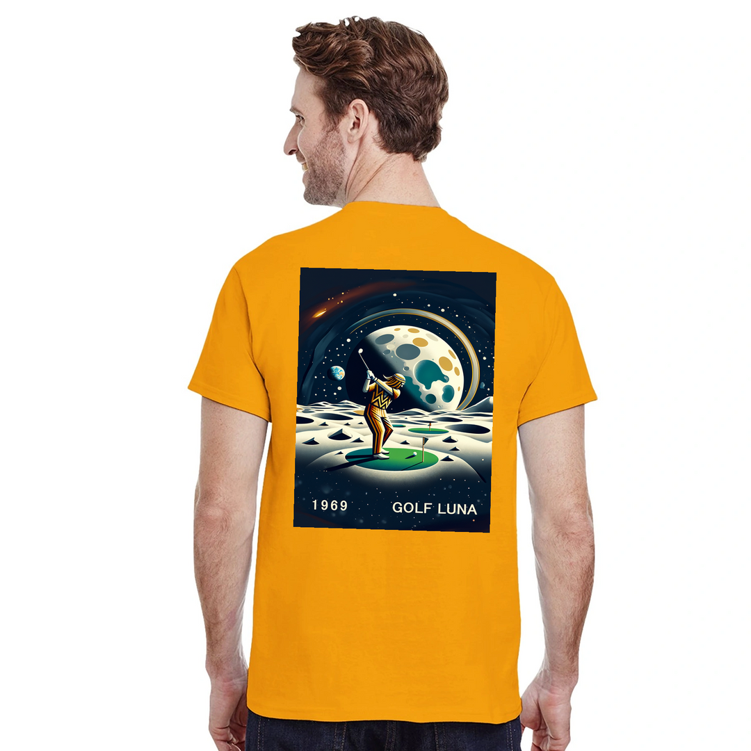 Koszulka Golf Moon z unikalnym wzorem, idealna na pole golfowe i codzienne wyjścia. Wygodna i trwała, dostępna w rozmiarach S