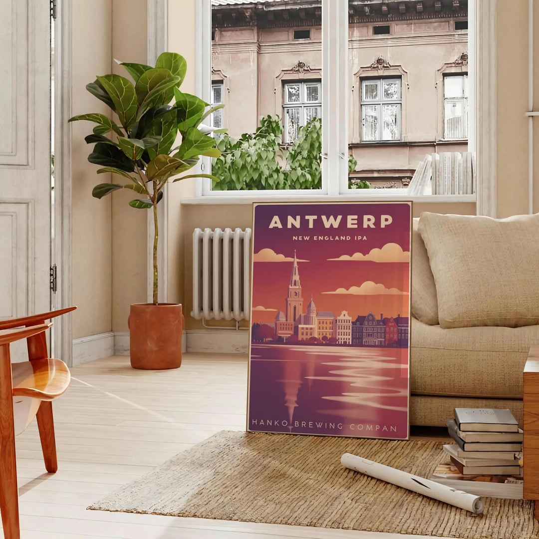 Poster Art Déco raffigurante Anversa stilizzata in grigio e viola