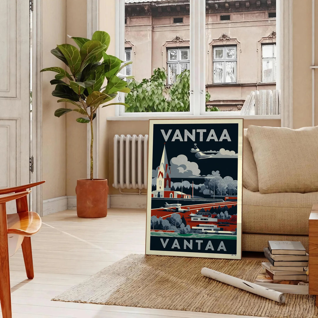 Manifesto vintage Art Déco Vantaa Finlandia in toni neri e grigi