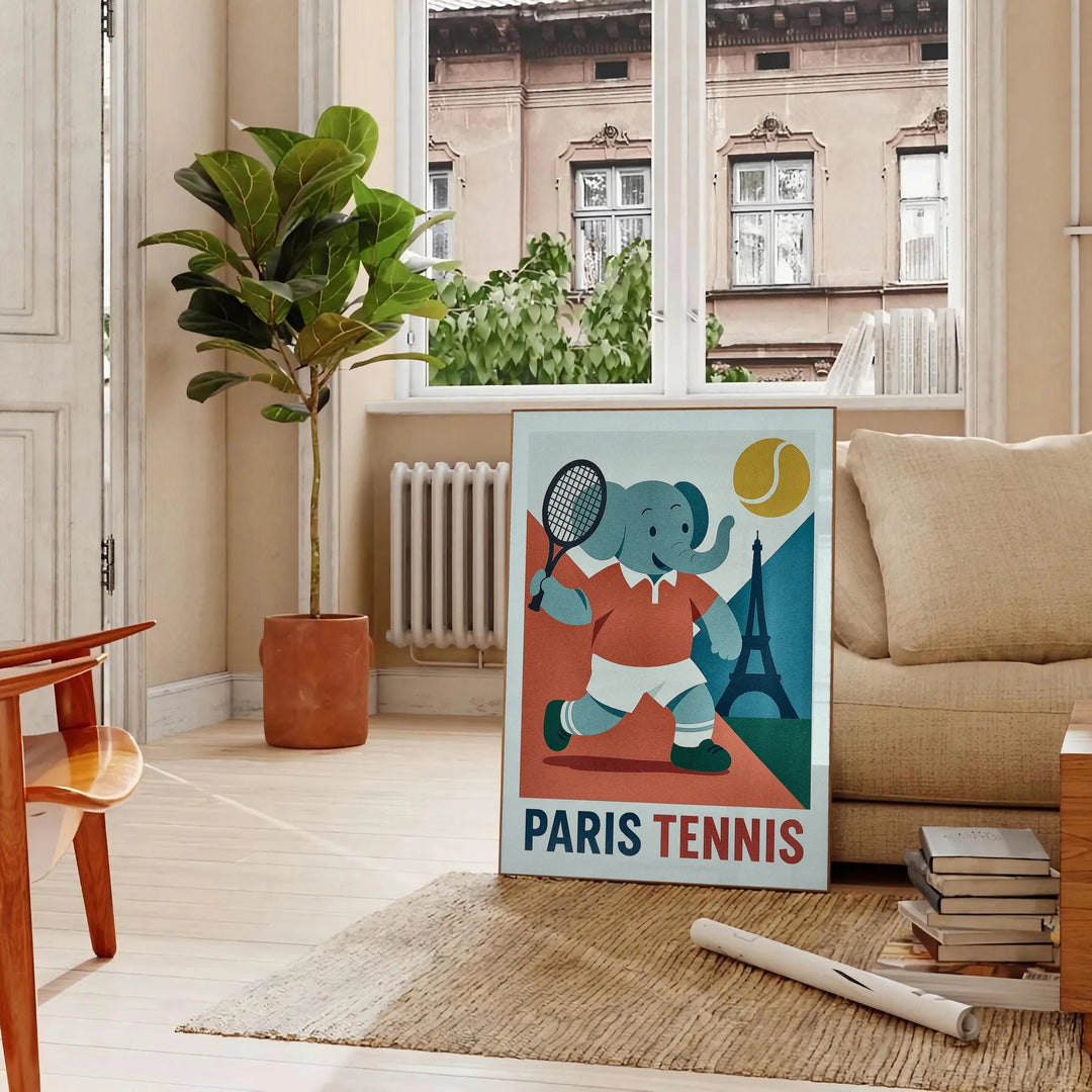 Πόστερ με ελέφαντα που παίζει τένις στην Παρίσι, σε ζωντανά πορτοκαλί και μπλε χρώματα, ιδανικό για τη διακόσμηση του παιδικο