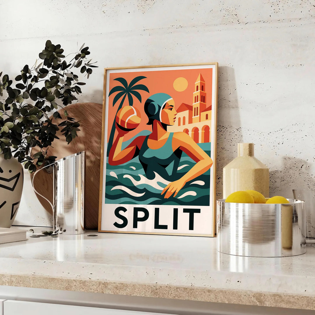 水球スポーツポスター '199' の鮮やかなデザイン。赤とオレンジの大胆なトーンで、50x70または30x40インチのサイズ。スポーツ愛好者に最適なアート作品。フレーム付きまたはフレームなしで購入可能。