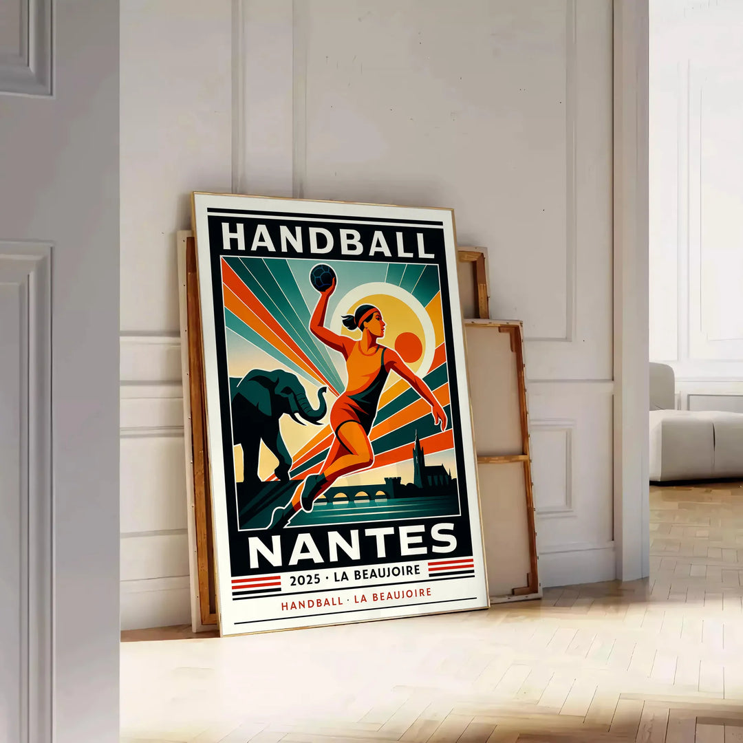 Pôster de handebol com design arrojado em vermelho e preto, disponível em vários tamanhos