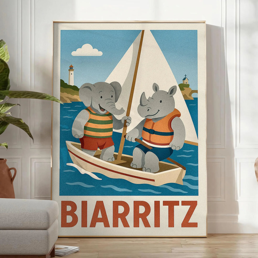 Ανακαλύψτε την όμορφη αφίσα "Παιδικό Ελέφαντα Ρινόκερος Ιππασία" με υπέροχες αποχρώσεις του μπλε και του γκρι. Ιδανική για να