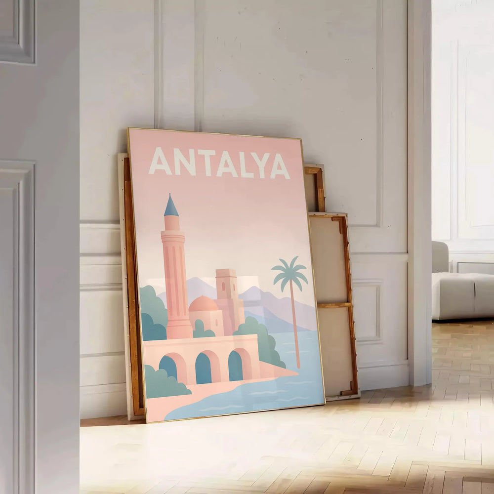 Antalya Turkey coastal travel poster in green and orange retro style