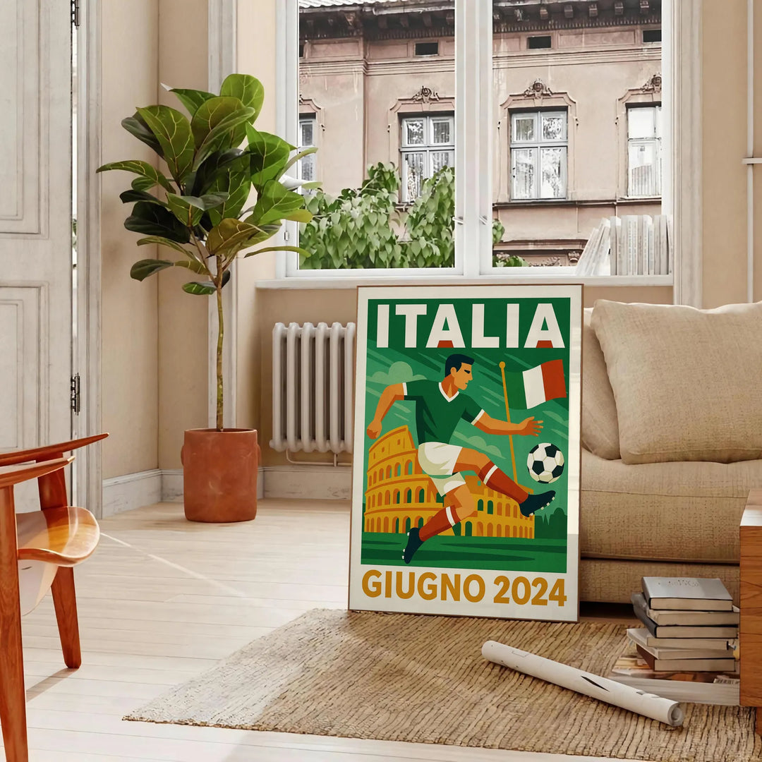 Plakat piłkarski Italia w intensywnych pomarańczowych i białych kolorach, idealny dla fanów i kolekcjonerów. Dostępny w rozmi