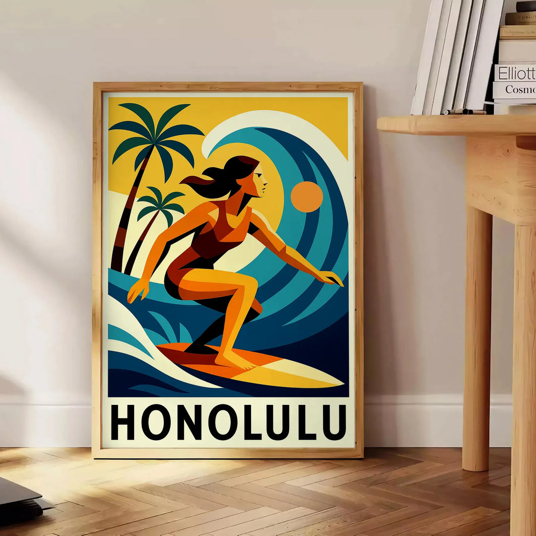 Färgglad Honolulu Surf poster som fångar surfkulturens anda med energiska röda och blå nyanser. Finns i storlekarna 50x70 ell