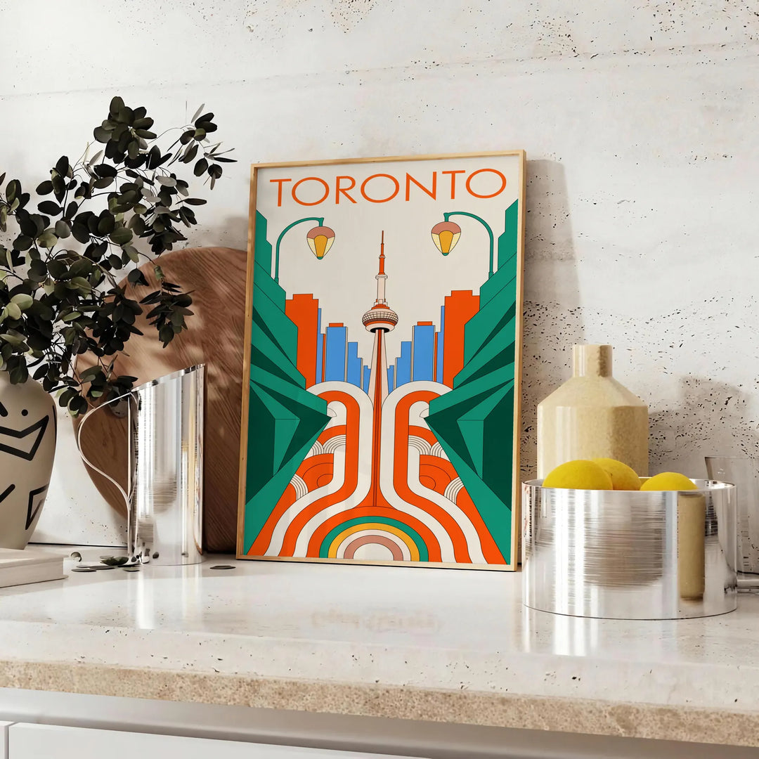 Toronto Art Déco Poster in Orange und Blau zeigt Stadtsilhouette