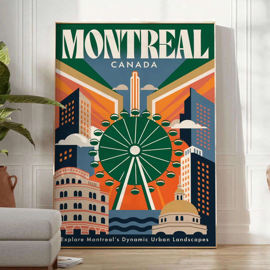 Poster vintage Art Déco Montreal verde e marrone, elegante scena cittadina