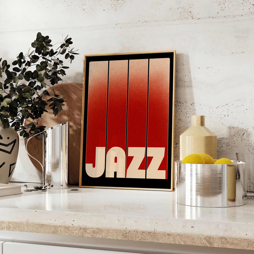 Affiche captivante thématique jazz tennis teintes marron rouge une touche artistique intérieur dimensions 30x40 unique parfaite passionnés sublimez décoration cadre