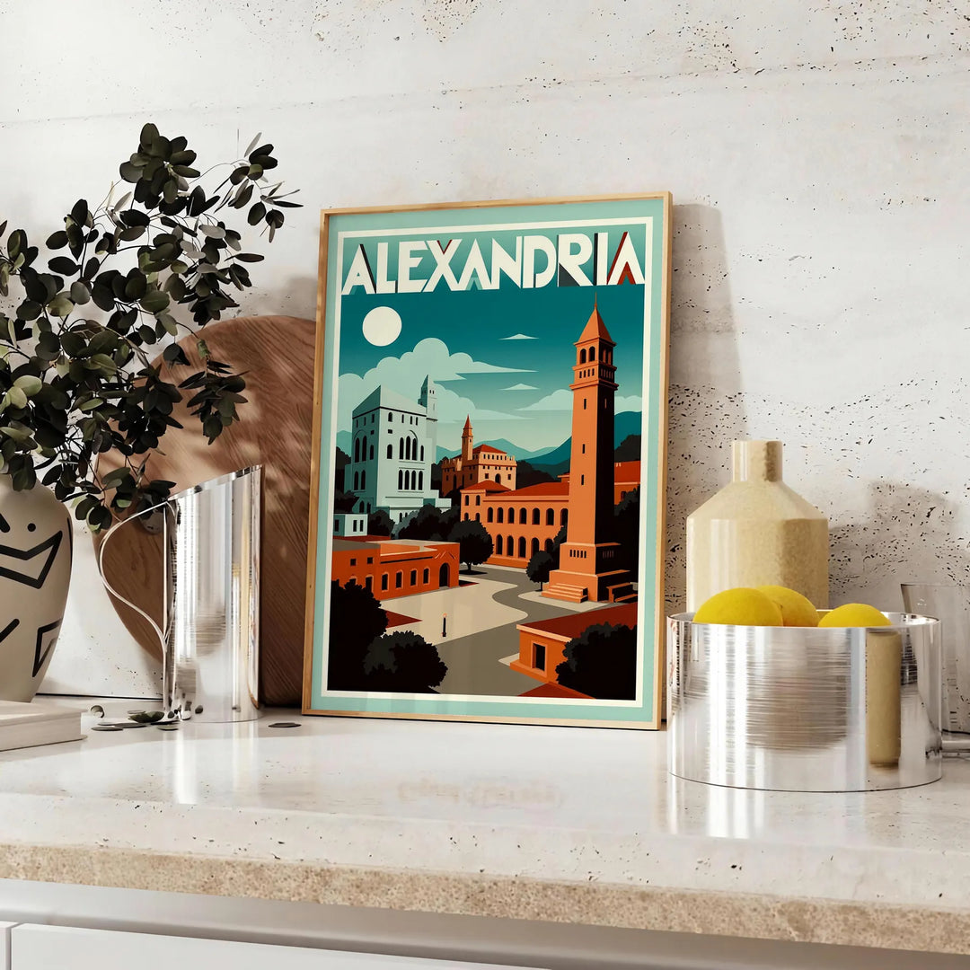 Poster vintage Art Déco di Alessandria d'Egitto in arancione e rosso