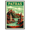Plakat w stylu Art Déco przedstawiający Patras w Grecji, w bogatych brązowych i zielonych odcieniach. Idealny do każdego wnęt