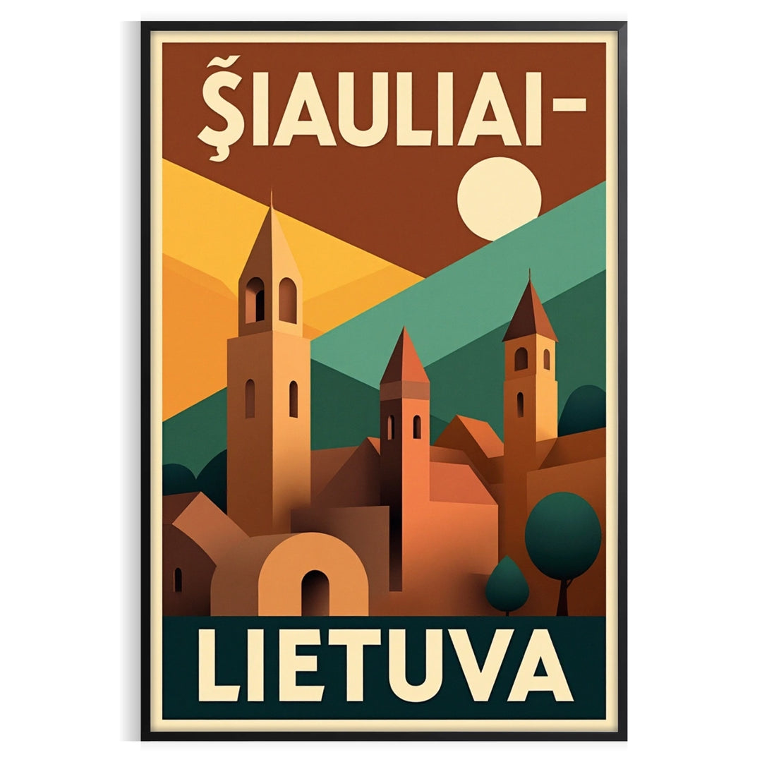 charm Šiauliai Lithuania vintage travel art deco poster orange black hues stylish artwork perfect addition decor touch nostalgia space