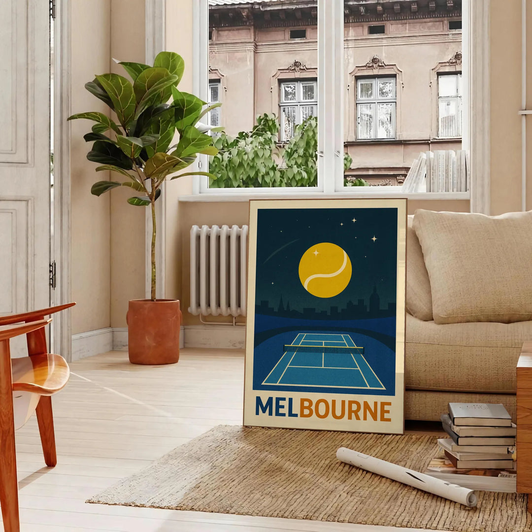 メルボルンの夜のテニスをテーマにした美しいポスター。青と緑の魅力的な色合いが特徴で、スポーツコレクションにぴったりのデザインです。
