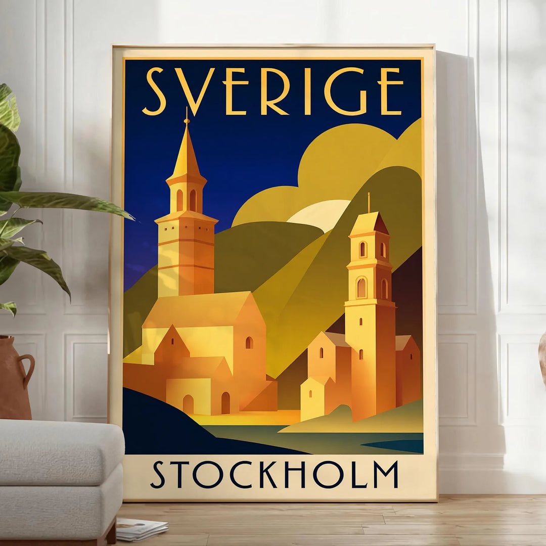Vintage Reiseplakat von Stockholm, Schweden im Art Deco Stil, mit auffälligen Schwarz- und Rottönen, erhältlich in verschiede