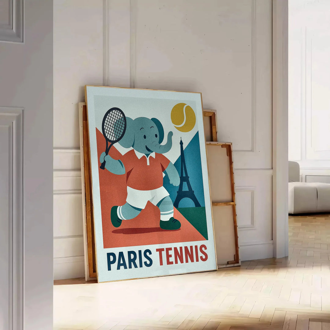 Πόστερ με ελέφαντα που παίζει τένις στην Παρίσι, σε ζωντανά πορτοκαλί και μπλε χρώματα, ιδανικό για τη διακόσμηση του παιδικο