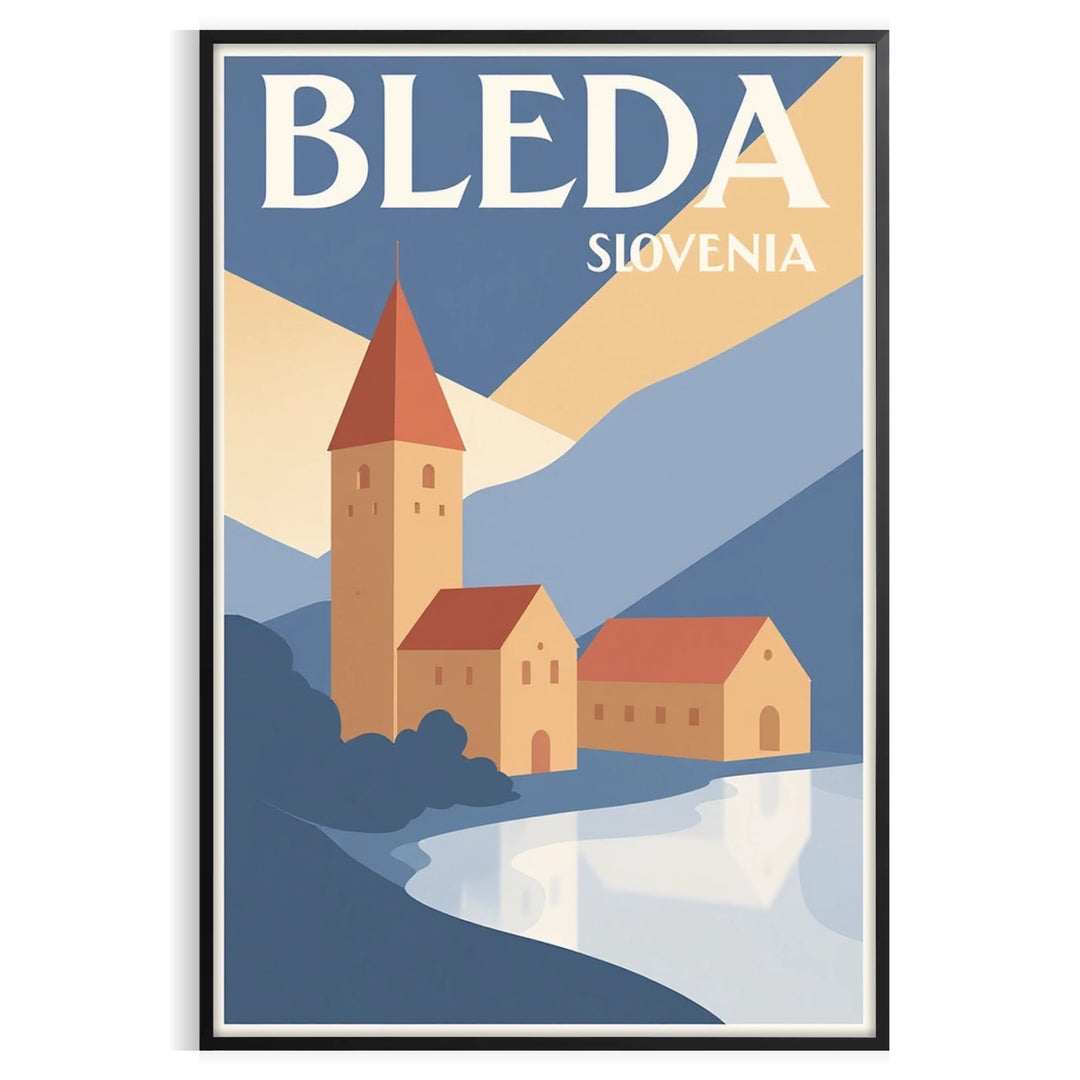 charm Bled Slovenia vintage travel Art Deco poster elegant shades gray brown sized touch nostalgia space beauty unframed options available