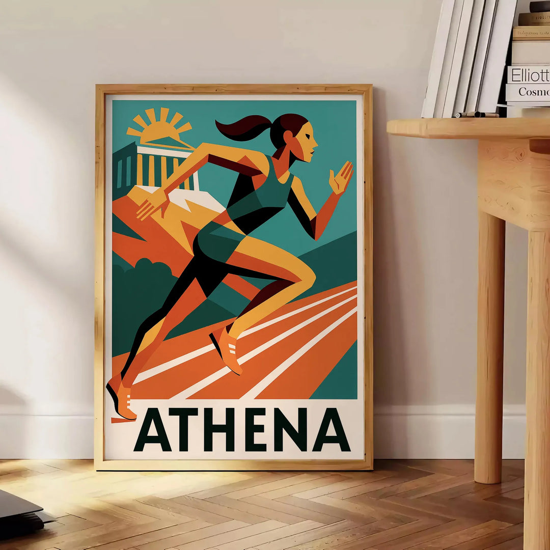 Vibrants "Athletics Athena 199" plakāts ar dinamiskām oranžām un baltām krāsām, kas iedvesmo enerģiju un kaislību sportā. Ide
