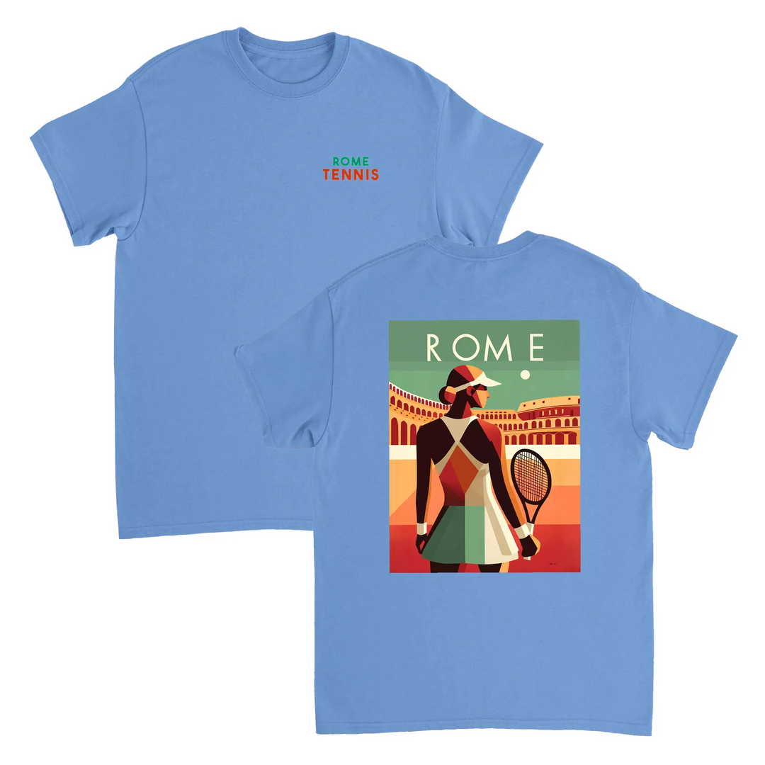情熱的なファンとスタイリッシュなアスリートのためにデザインされたローマテニスTシャツ。コート内外での着用に最適な鮮やかなテニスグラフィックが特徴。柔らかく通気性のあるコットン素材で快適さを提供します。