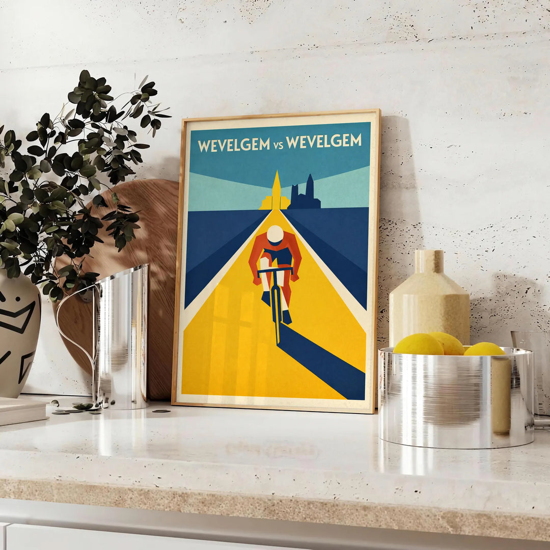 space captivating Wevelgem Belgium Cyclisme poster vibrant blue green hues spirit cycling enthusiasts collectors dynamic touch decor available A4 cm A0