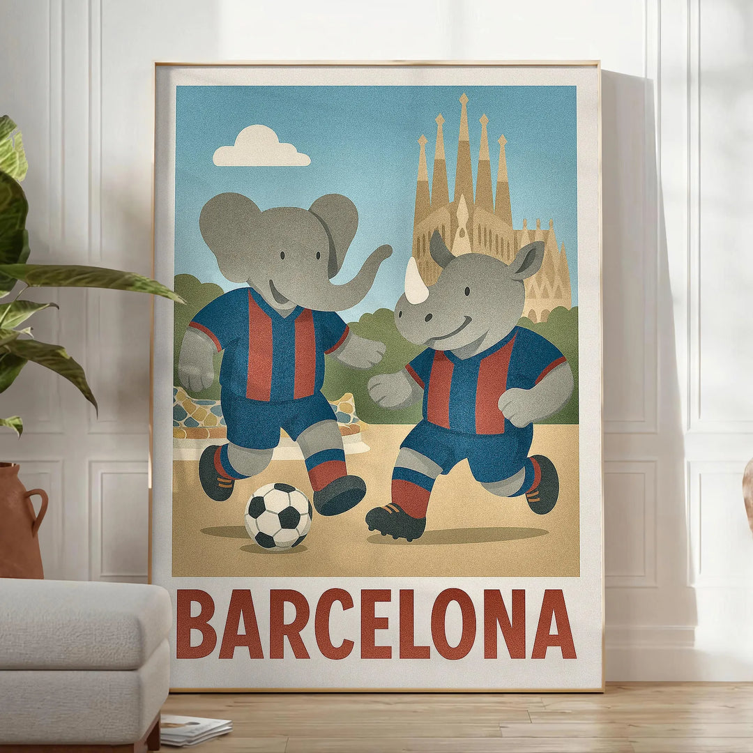 Αναδείξτε το δωμάτιο του παιδιού σας με αυτό το εντυπωσιακό αφίσα που απεικονίζει έναν παιχνιδιάρη ελέφαντα και ρινόκερο να γ