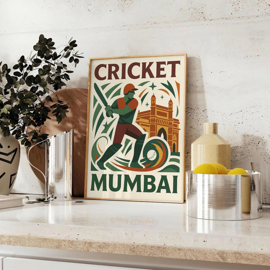 ムンバイのスポーツ文化を祝うクリケットテーマのポスター。グレーとホワイトの洗練されたデザインで、クリケット愛好者に最適です。サイズはA4、30x40cm、50x70cm、60x80cm、A0からお選びいただけます。