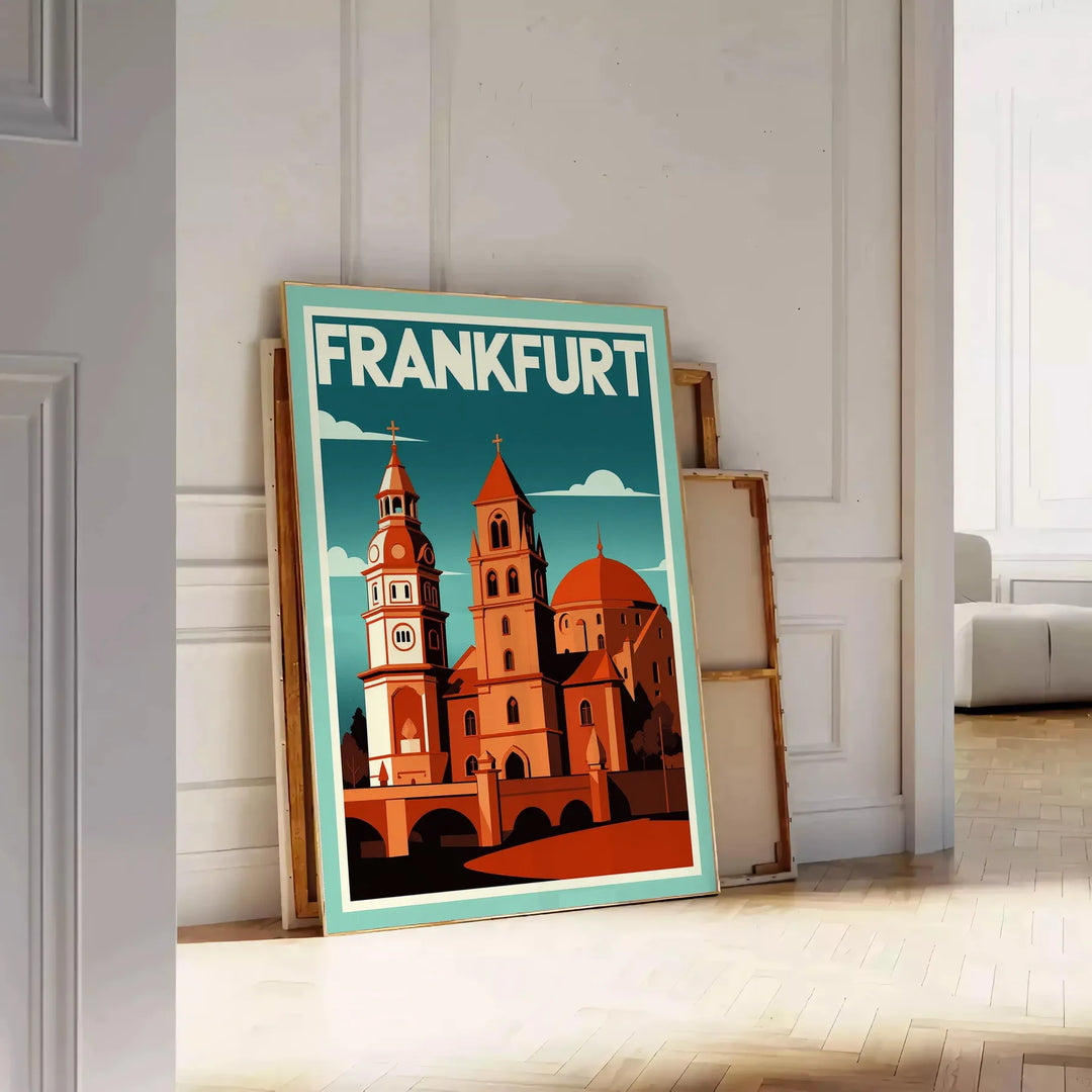 Plakat w stylu Art Déco przedstawiający Frankfurt, Niemcy, w intensywnych czerwonych i pomarańczowych odcieniach, idealny do