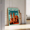 Plakat w stylu Art Déco przedstawiający Frankfurt, Niemcy, w intensywnych czerwonych i pomarańczowych odcieniach, idealny do