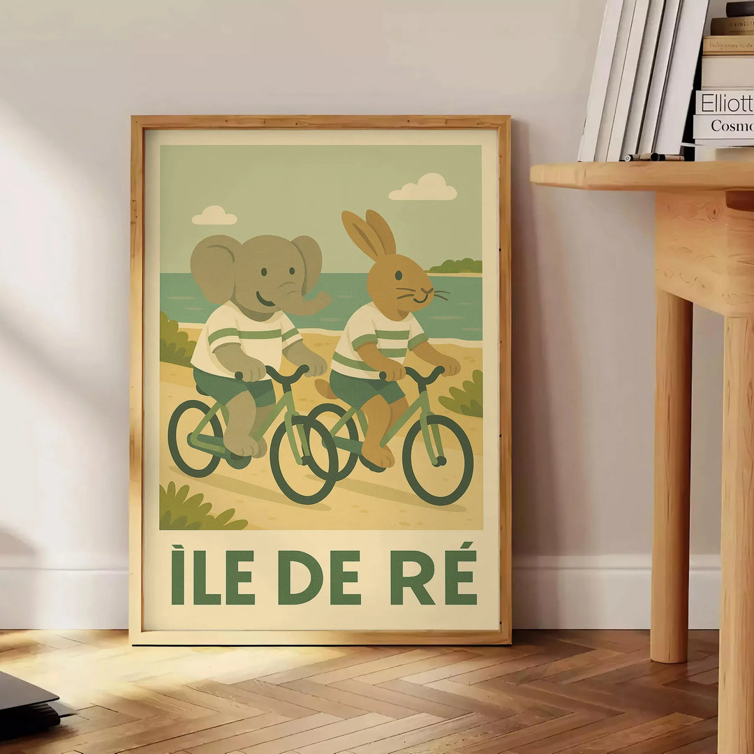 charming kid elephant rabbit cycling poster delightful gray green palette perfect child room area sizes artwork touch whimsy adventure unframed version enchanting today
