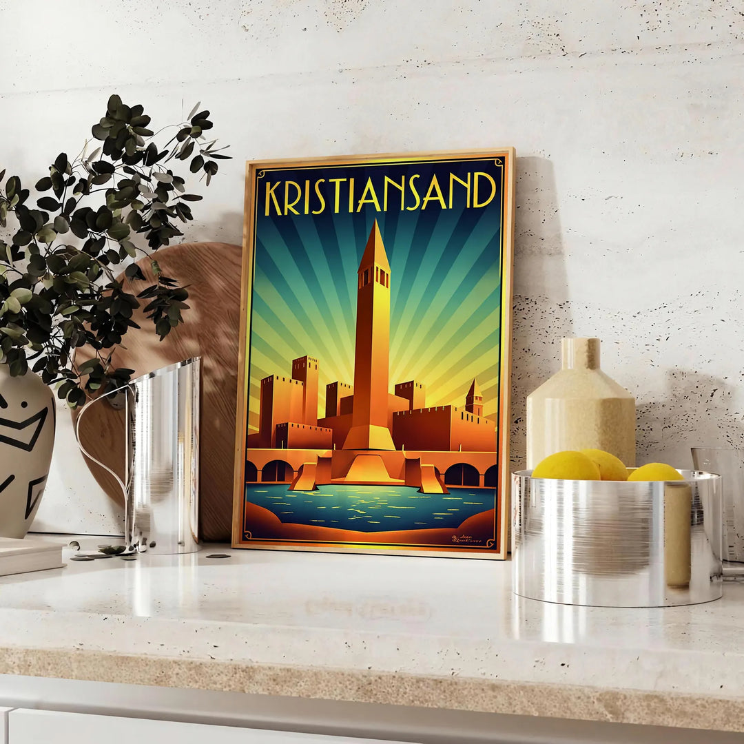Plakat w stylu Art Déco przedstawiający malowniczy widok Kristiansand w Norwegii, dostępny w rozmiarach 50x70 lub 30x40