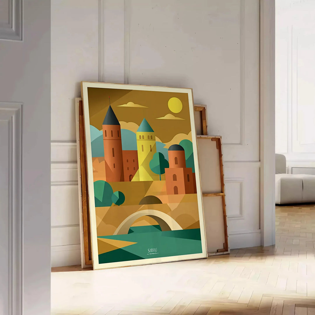 magnifique Affiche vintage Sibiu Roumanie art déco nuances chaudes orange marron murs œuvre originale mesure 50x70 30x40 occasion Acheter pièce unique intérieur disponible option