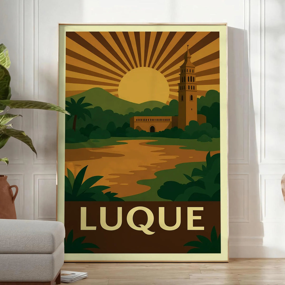 space stunning vintage Art Déco poster Luque Paraguay earthy tones brown green captivating piece cm unique artwork today decor A4 A0