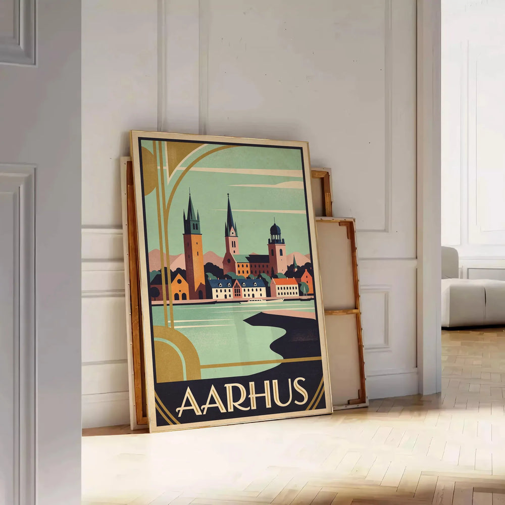 Vintage Art Déco Aarhus Denmark poster with orange and brown cityscape design