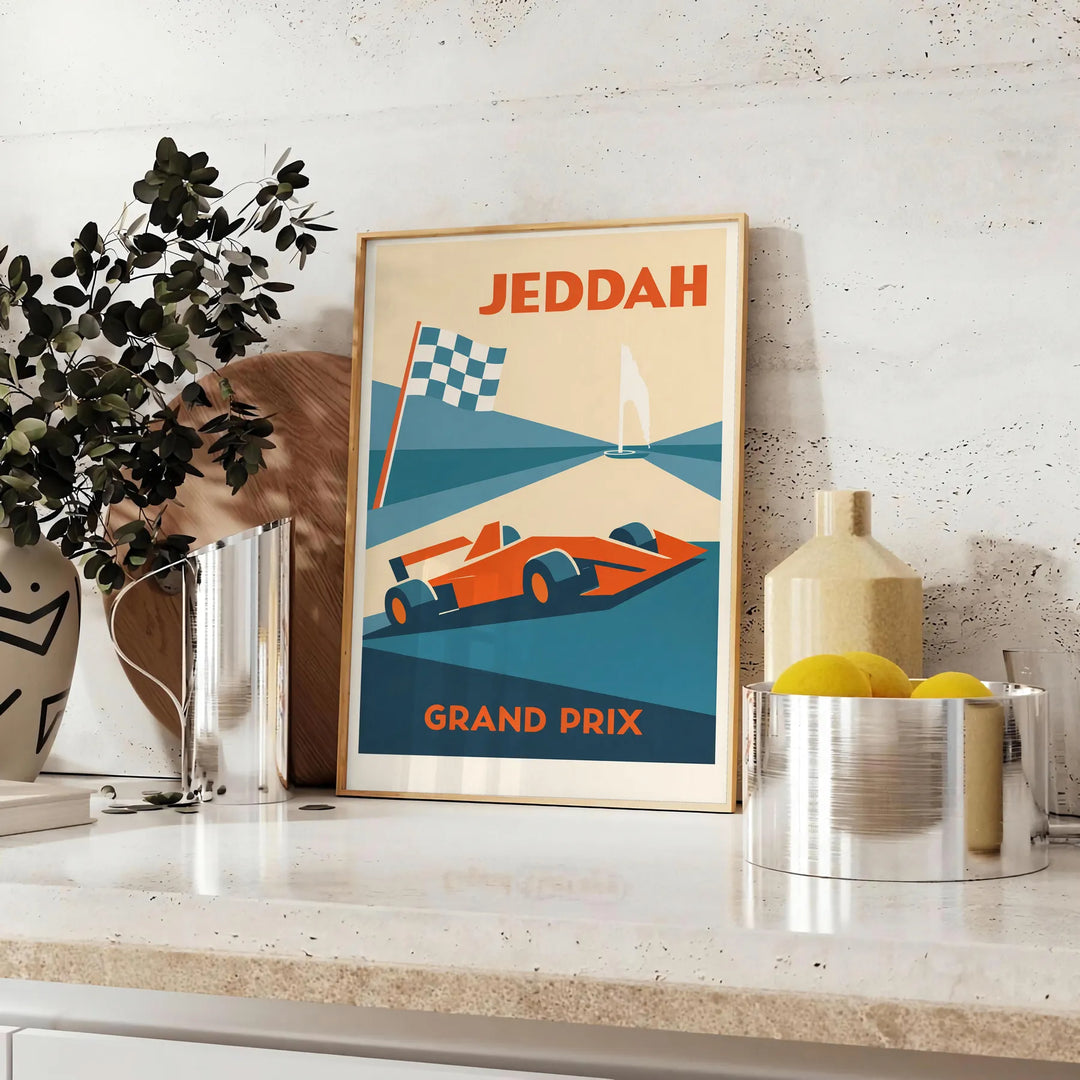 F1-poster med motiv från Jeddah, Saudiarabien. Finns i storlekarna 50x70 och 30x40, perfekt för att lyfta din inredning