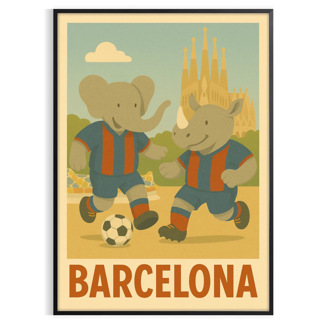 joy football child room vibrant poster playful kid elephant rhino Barcelona theme gray green tones perfect young fan delightful today formats A4 cm A0