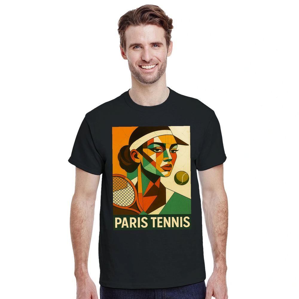 T-shirt wardrobe Paris Cubist Tennis T shirt unique tee art twist perfect sports enthusiasts lovers soft breathable fabric ideal casual occasion love Parisian style sizes available M L XL XXL