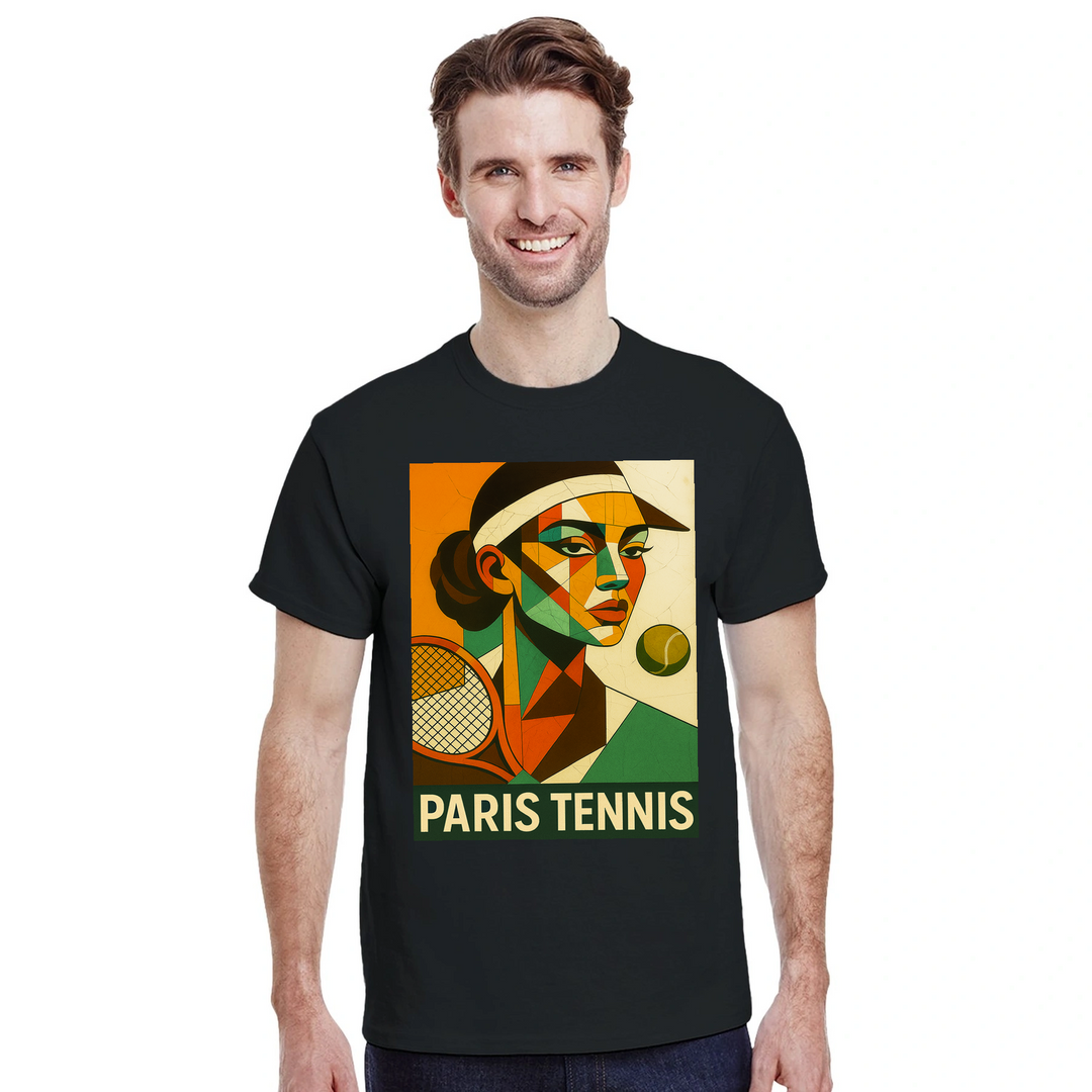 T-shirt wardrobe Paris Cubist Tennis T shirt unique tee art twist perfect sports enthusiasts lovers soft breathable fabric ideal casual occasion love Parisian style sizes available M L XL XXL
