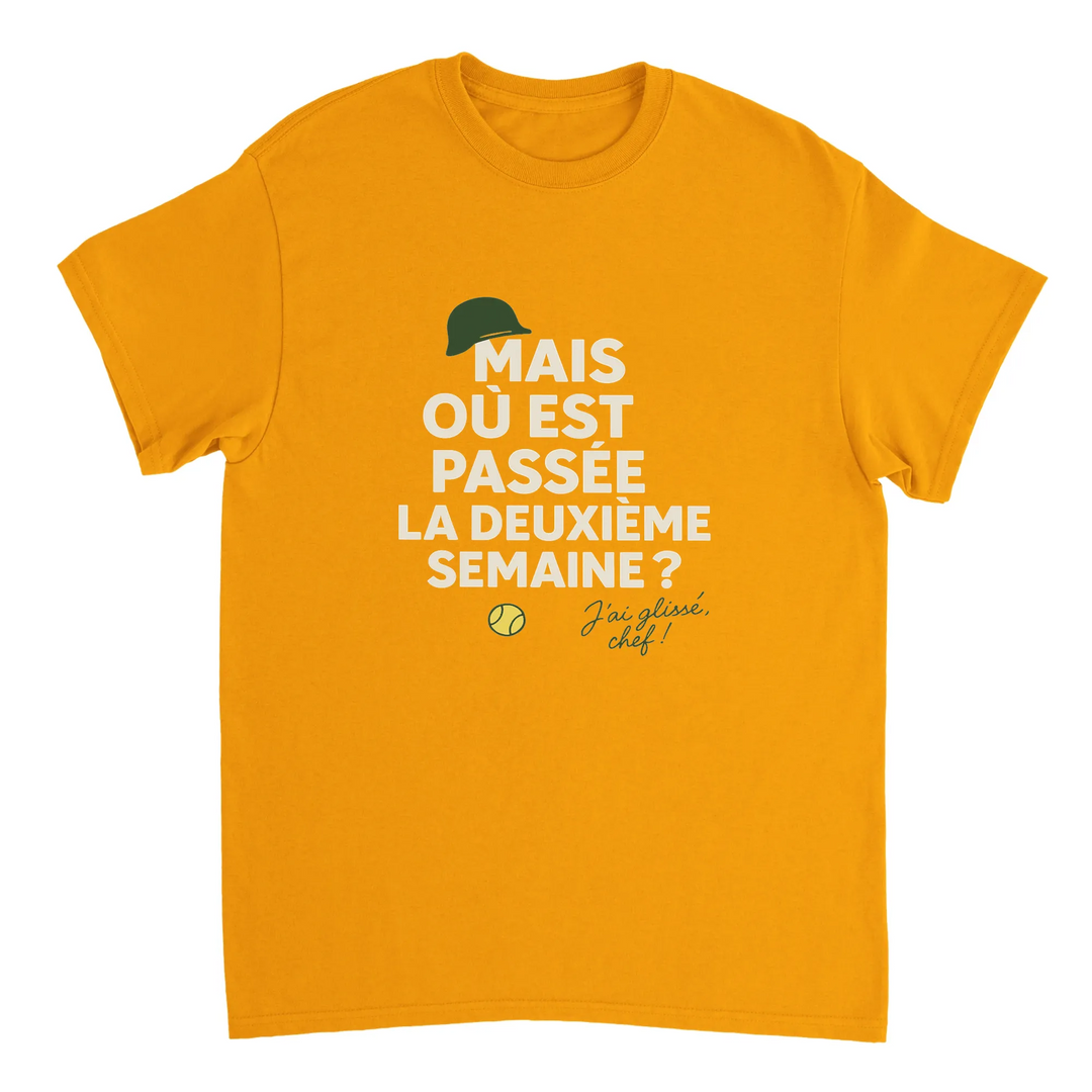 Image Gold de Où est passée la deuxième semaine Tennis Tshirt [color:gold] [view:front]