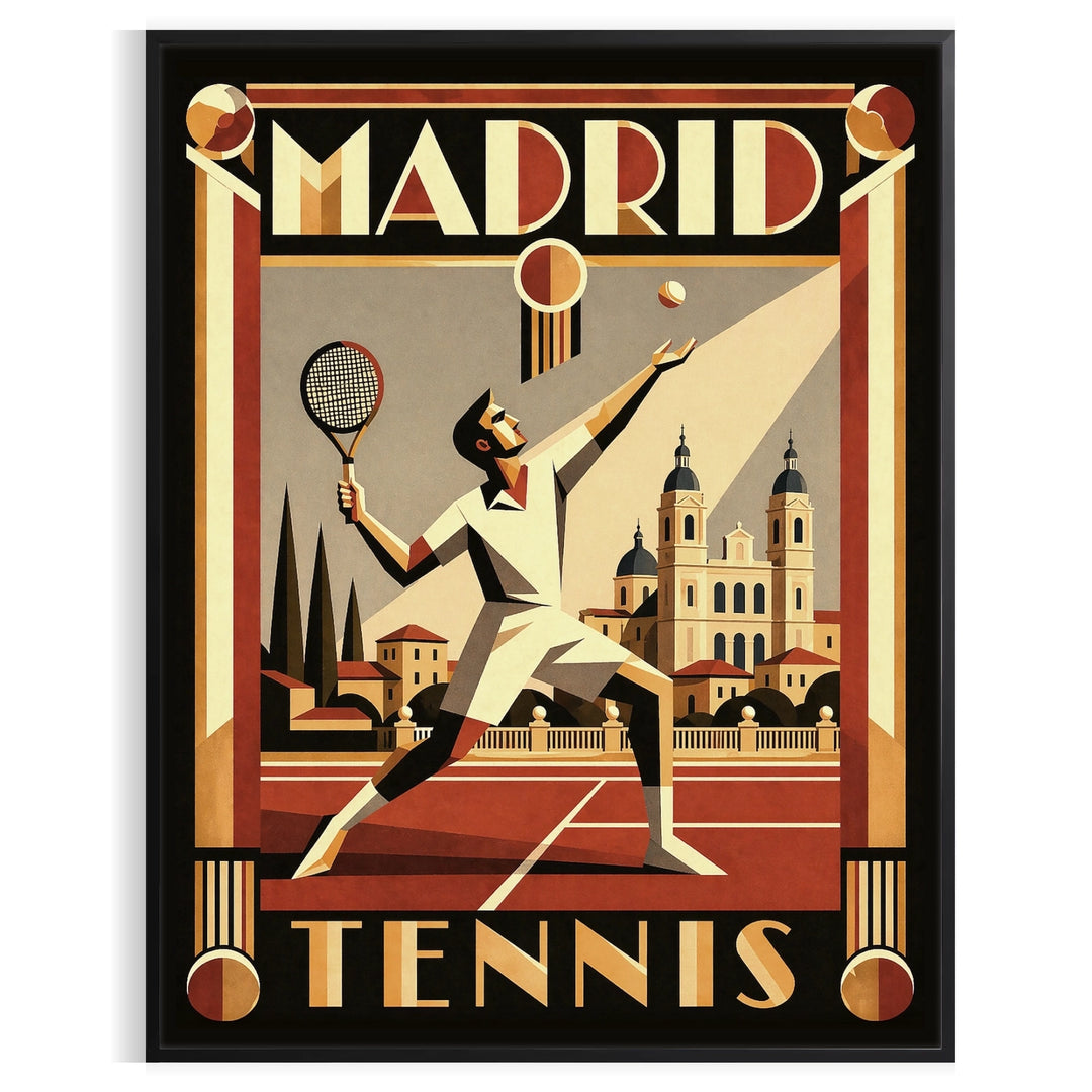 Abstract depiction of a tennis player in motion, red and black tones