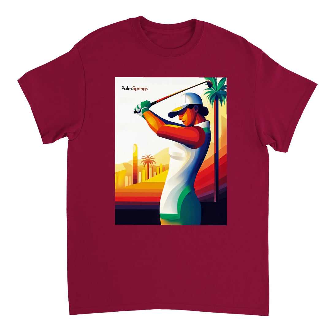 ゴルフパームスプリングスTシャツ。快適なコットン素材で、パームスプリングスの活気ある雰囲気を表現。ゴルフ愛好者や日差しを楽しむ人に最適な一枚です。