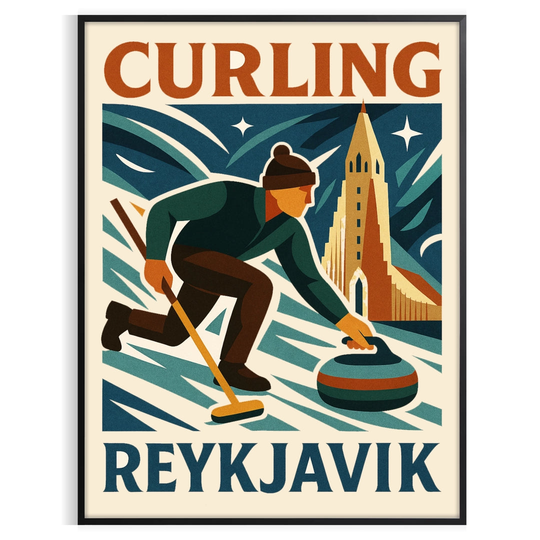 vibrant curling poster dynamic sport backdrop Reykjavik stunning landscapes orange green two sizes perfect sports enthusiasts decor lovers unframed version