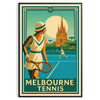 Póster de tenis de Melbourne en tonos marrones y verdes, disponible en tamaños de 50x70 cm y 30x40 cm. Perfecto para decorar