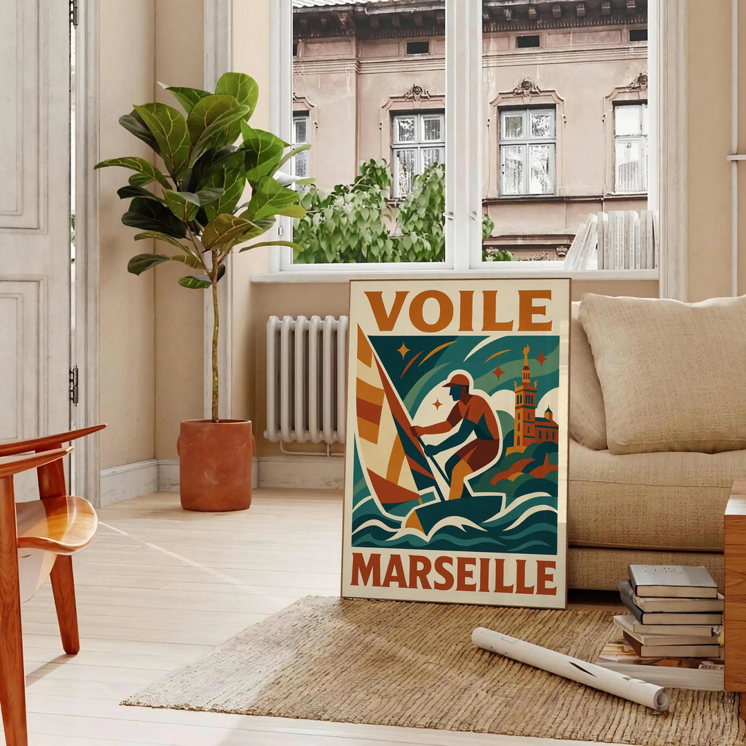 Stilvolles Poster mit Segelszene in Marseille, ideal für maritime Dekoration. Erhältlich in verschiedenen Größen