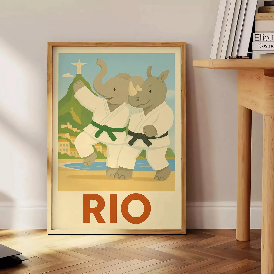 delightful kid elephant rhino judo poster vibrant spirit Rio de Janeiro playful interplay gray green eye design perfect child space unique today unframed options