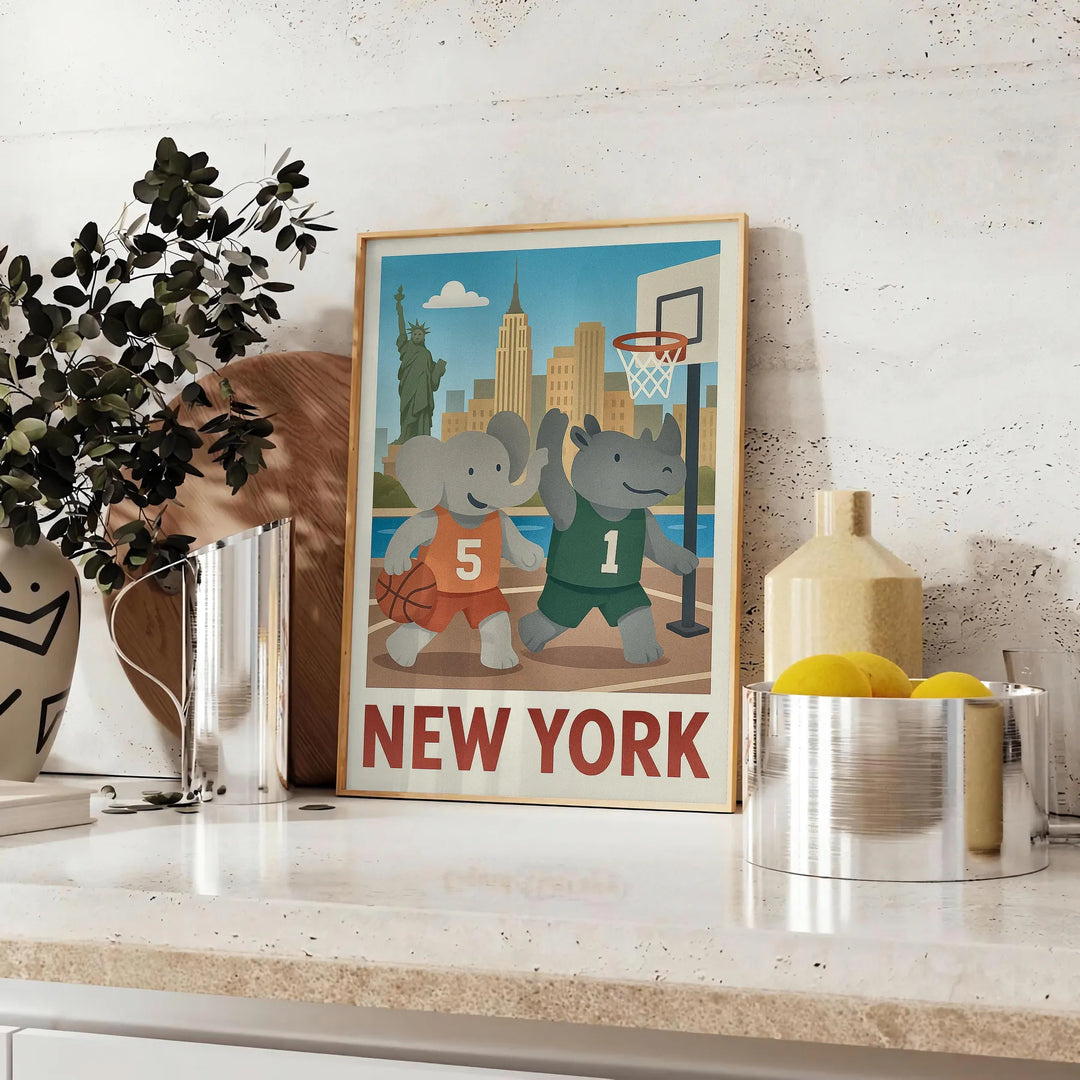 Ανακαλύψτε το μοναδικό vintage πόστερ μπάσκετ με έναν παιχνιδιάρικο ελέφαντα και ρινόκερο σε μια ζωντανή σκηνή μπάσκετ της Νέ