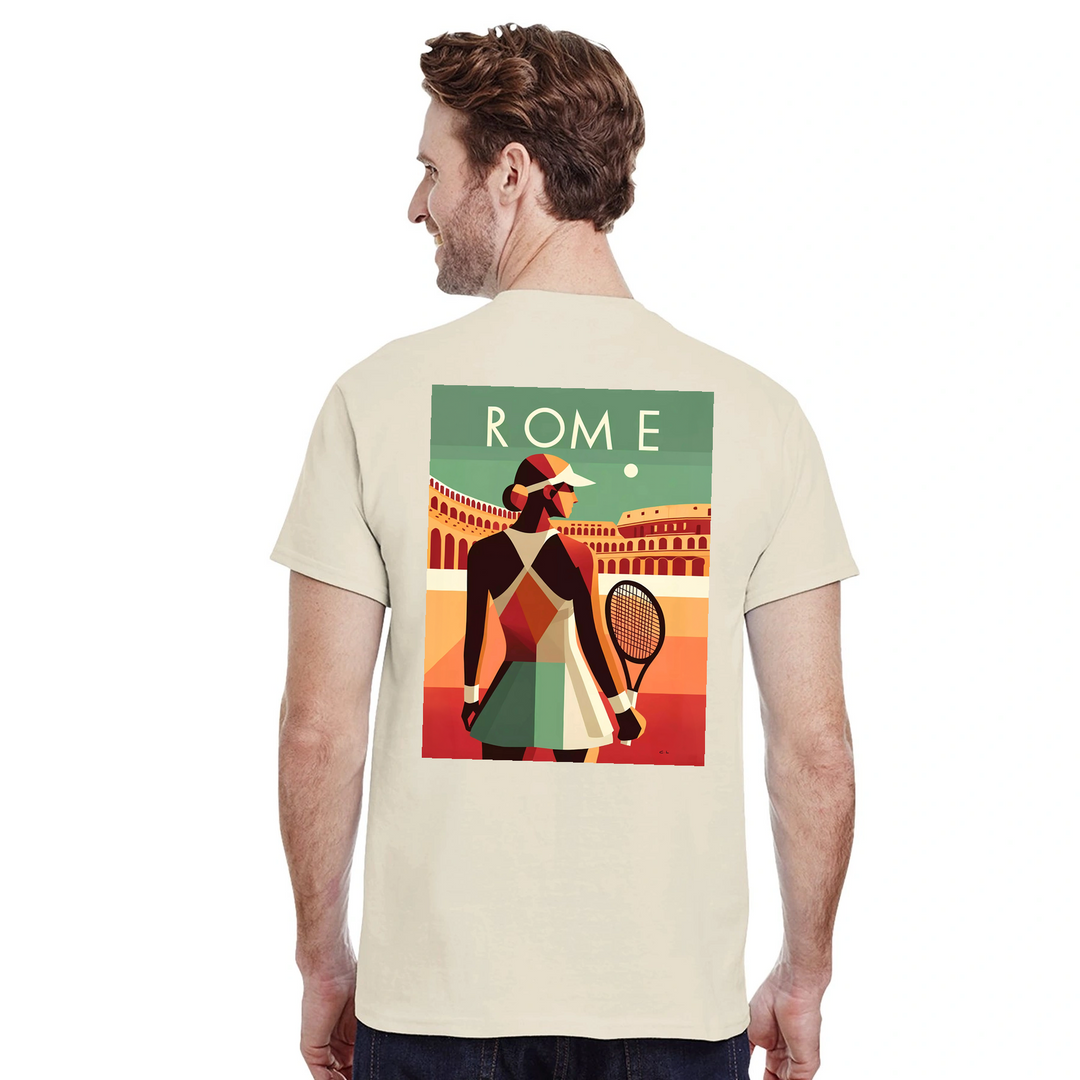 情熱的なファンとスタイリッシュなアスリートのためにデザインされたローマテニスTシャツ。コート内外での着用に最適な鮮やかなテニスグラフィックが特徴。柔らかく通気性のあるコットン素材で快適さを提供します。