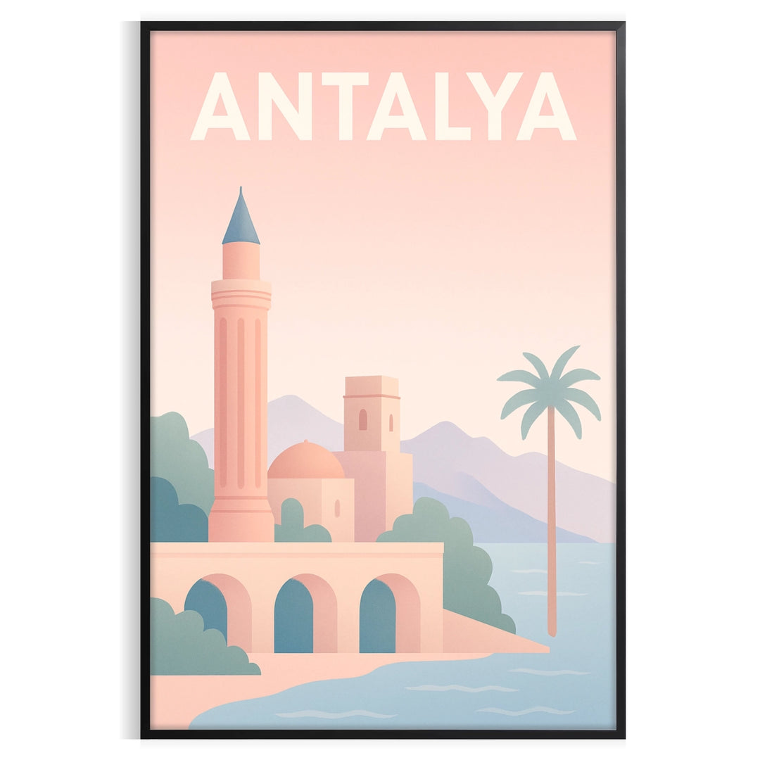 Antalya Turkey coastal travel poster in green and orange retro style