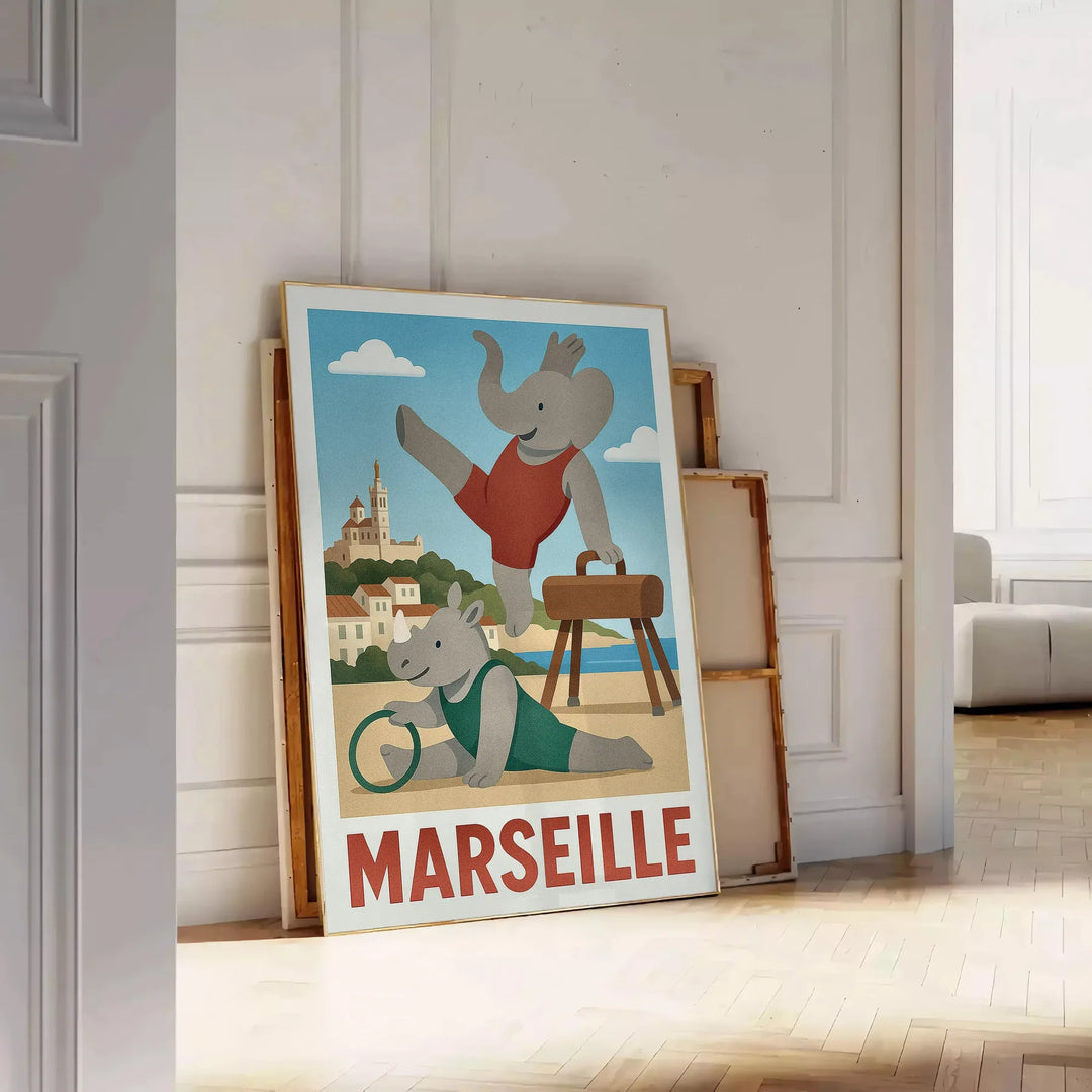 Ανακαλύψτε την χαριτωμένη αφίσα "Marseille Kids Gymnastic" με εντυπωσιακούς ελέφαντες και ρινόκερους σε ζωντανές μπλε και γκρ